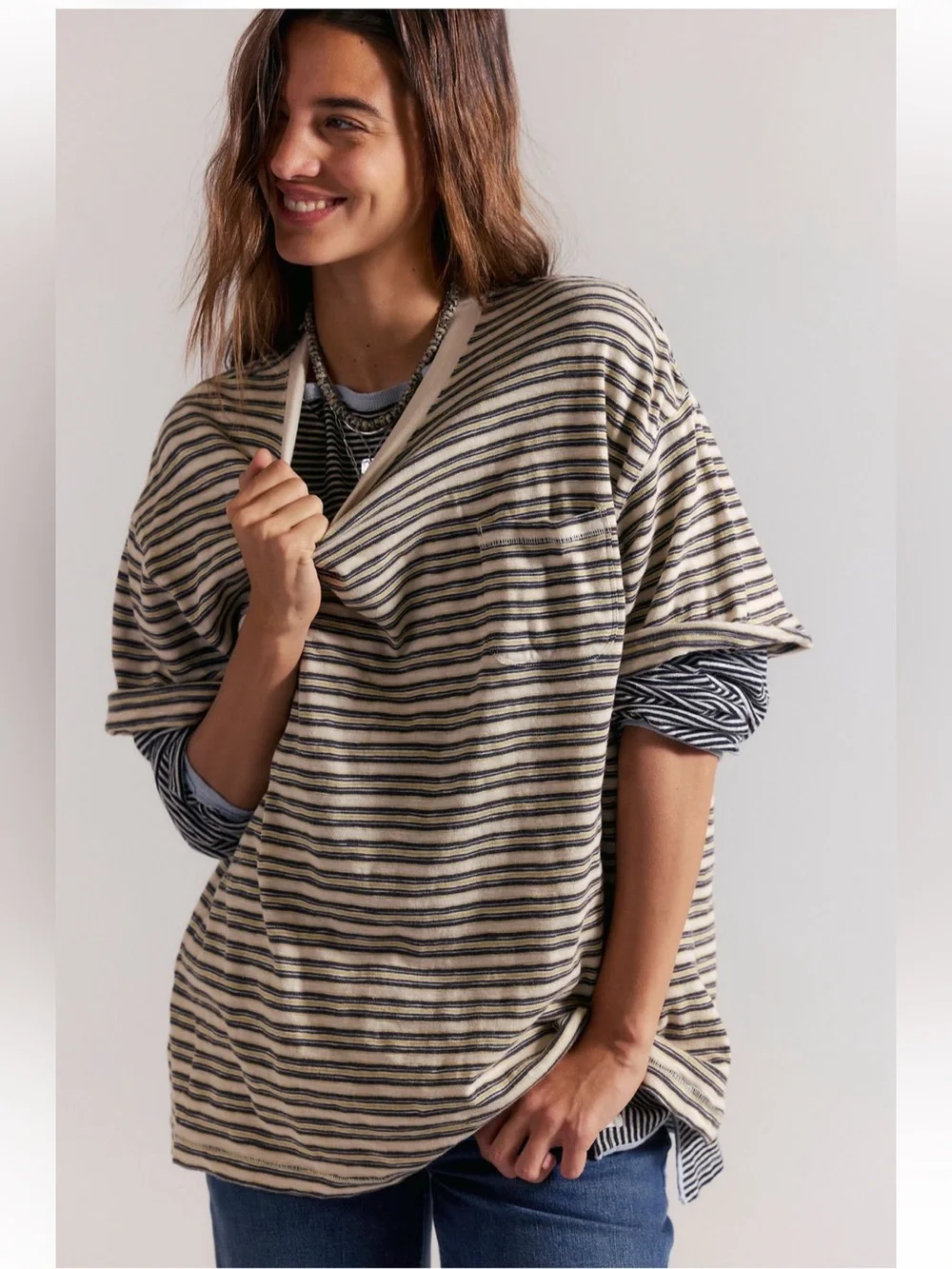 Free People NWOT All Love Striped Pocket Tee Size Small in Tea Combo